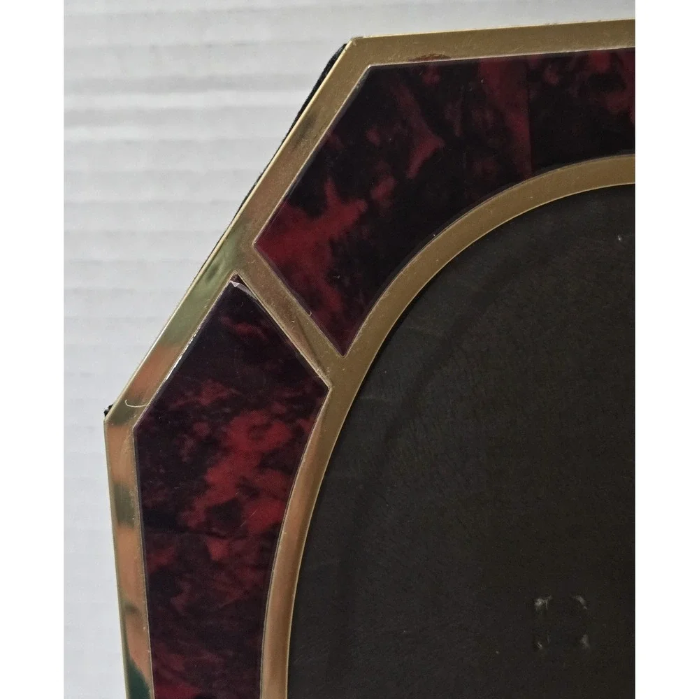MCM Vintage Brass & Red Faux Tortoise Octagon Tabletop Frame Oval Glass Window